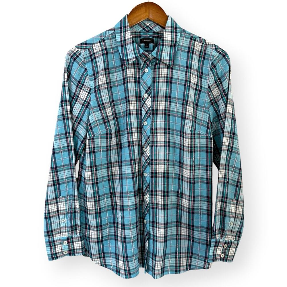 Talbots Womens Button Up Long Sleeve Shirt Blouse Size S Blue Plaid Metallic
